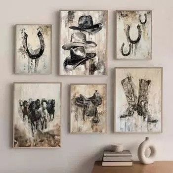 Ретро-ковбойские сапоги в стиле вестерн, каскадные ковбойские шляпы, постер, деревенские дикие лошади, подкова, холст, печать, настенное искусство, комната, домашний декор 21cm30cm NoFrame