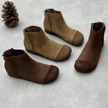 Ретро кожаные ботинки литературные сапоги ручной работы с круглым носком на плоской подошве из коровьей кожи одинарные ботинки 35 темно-коричневого