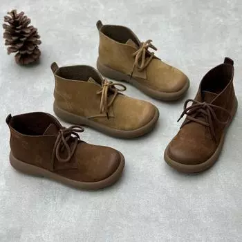 Ретро кожаные одинарные ботинки с круглым носком, повседневные короткие ботинки с мягкой подошвой и плоским каблуком, короткие ботинки из коровьей кожи 35 темно-коричневого