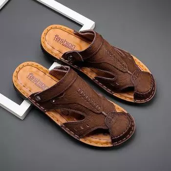 Ретро кожаные сандалии мужские уличные две классные тапочки сумка голова 38 чёрный