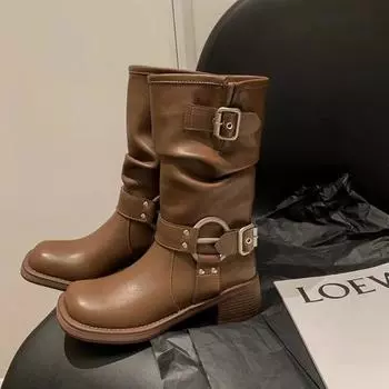 Ретро кожаные женские рыцарские сапоги в стиле вестерн-ковбой на платформе с мягкой подошвой и пряжкой, модные легкие ботильоны для женщин 35