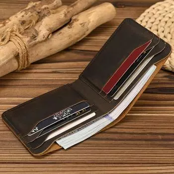 Ретро кожаный кошелек из натуральной кожи, короткий кошелек для монет, держатель для карт, мужской короткий кошелек, двойные кошельки из коровьей кожи для мужчин и мужчин коричневый