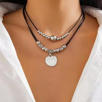 Ретро кожаный кулон с цепочкой на ключицу из восковой линии и металлическими бусинами