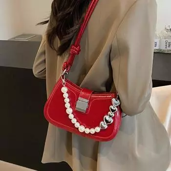 Ретро Красная бисерная маленькая сумка для женщин Новые простые сумки на одно плечо подмышкой Модная свадебная сумочка Сумка через плечо для поездок на работу