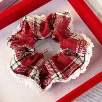 Ретро Красное Кружево Клетчатые Большие Резинки для Волос Повязки на Голову для Женщин Девушек Веревка для Волос Резинка Мода Новый Год Рождество Головной Убор