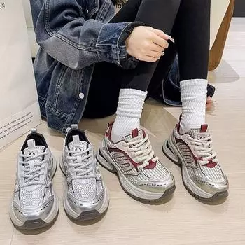 Ретро красные туфли для папы, новые, на толстой подошве, увеличивающие рост, повседневные серебристые спортивные туфли, универсальные 35 серебряный