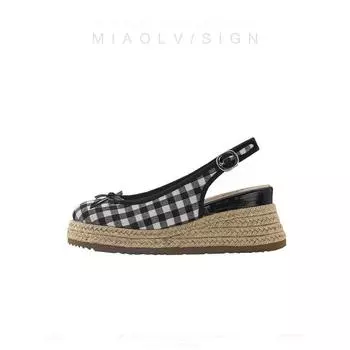 Ретро красные туфли Мэри Джейн одинарные женские новые летние клетчатые сандалии на танкетке с закрытым носком на высоком каблуке полушлепанцы 40