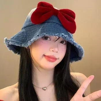 Ретро Красный бант Дизайн Постепенное изменение Панама Женщины Лето Осень Путешествия Солнцезащитный Модный Универсальный Милый Джинсовый Кепка 56-58cm темно-синий