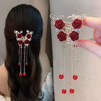 Ретро Красный бархат Роза Бабочка Коготь Роскошные Стразы Кисточка Заколка Для Волос Краб Заколки Для Женщин Аксессуары Для Волос Французский Головной Убор горький липового