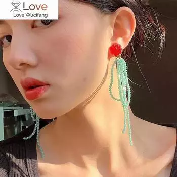 Ретро Красный Цветок Акриловые Синие Бусины Кисточка Длинные Серьги-Капли Для Женщин Девочек Элегантные Геометрические Букле Орей Изящные Ювелирные Изделия