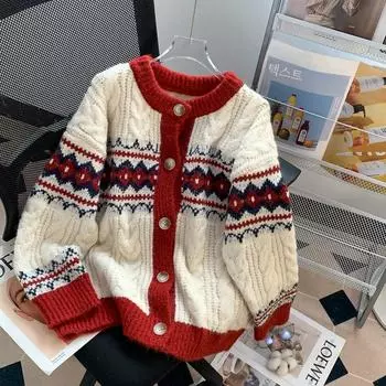 Ретро Красный Рождественская Атмосфера Одежда Свитер Верхняя Одежда Женская Осень и Зима 2024 Новый Свободный Ленивый Вязаный Кардиган S красный