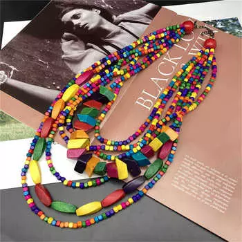 Ретро красочная геометрия многослойное этническое длинное ожерелье пляж пасторальный стиль дерево 51cm