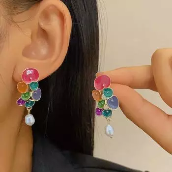 Ретро красочные эмалевые серьги в виде листьев лотоса простые модные серьги с жемчугом женские украшения