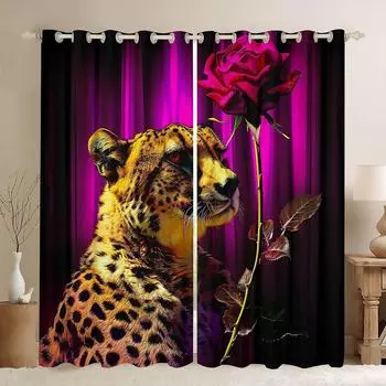 Ретро красочные розы животные лев принт шторы гостиная кабинет детская комната декоративные шторы легко стирать и ухаживать 2 шт W50xH130(CM)x2PCS&Grommet Top