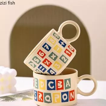 Ретро круглая керамическая кружка креативная нарисованная вручную буквенно-цифровая кофейная кружка послеобеденный чай напиток соковый стаканчик молочный стаканчик бытовые товары 350ML