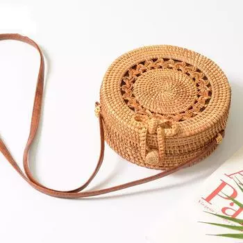 Ретро круглые женские сумки-мессенджеры ручной работы, круглые соломенные пляжные сумки из ротанга на одно плечо 20*8*20cm хаки