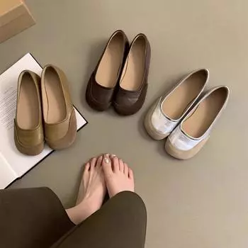 Ретро круглый носок неглубокий носок одинарные туфли женские весна осень новые балетки повседневные мягкие подошвы цветные блоки женские туфли без застежек 35 коричневый