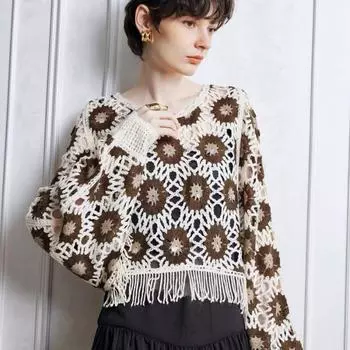 Ретро круглый вырез полые кисточки рукав летучая мышь вязаный свитер женский осенний женский свободный длинный рукав пуловер свитера женские крючком цветок трикотажные топы 24885 One Size чёрный