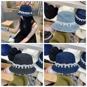 Ретро кружевные шляпы-ведра с бантом, однотонная шляпа от солнца, милая джинсовая кепка для дома темно-синий
