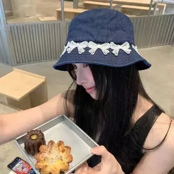Ретро кружевные шляпы-ведра с бантом, однотонная шляпа от солнца, ретро джинсовая кепка, лето темно-синий