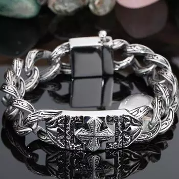 Ретро кубинский браслет-цепочка на руку, мужской браслет из нержавеющей стали шириной 17 мм, мужские браслеты с крестом, крутой мужской ювелирный браслет, мужской браслет 18.5CM серебряный