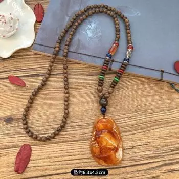 Ретро куриное крыло дерево второе поколение старое восковое ожерелье мужчины и женщины универсальный янтарный кулон длинная цепочка для свитера кулон