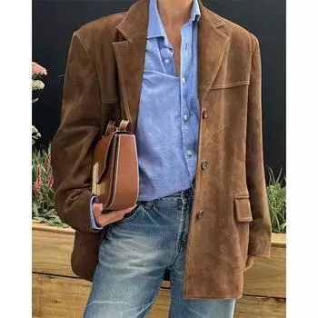 Ретро-куртка из искусственной замши, женские свободные пиджаки, осенние новые модные куртки для поездок на работу с длинными рукавами, коричневое пальто M коричневый