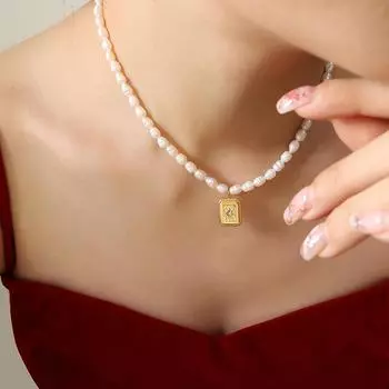 Ретро квадратное ожерелье с инкрустированным цирконием, зимняя новая цепочка из натурального пресноводного жемчуга, не выцветает, элегантные ювелирные изделия