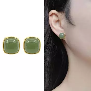 Ретро квадратные серьги-гвоздики с имитацией нефрита для женщин, легкие, роскошные, элегантные, простые серьги, для банкета, повседневные, ювелирные изделия, подарок