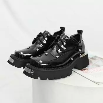 Ретро квадратный носок маленькие кожаные туфли женские из натуральной кожи дерби туфли ивовые гвозди декоративные панк стиль туфли на платформе 35