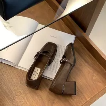 Ретро квадратный носок свет рот маленькие кожаные туфли женские весна и осень новые темперамент толстый каблук Мэри Джейн одинарные туфли 35