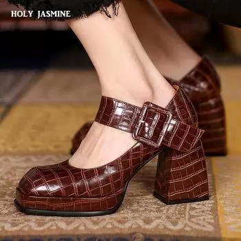 Ретро лаконичные женские туфли Мэри Джейн из натуральной кожи на платформе и толстом каблуке, женские повседневные туфли-лодочки с пряжкой на весну 2024 года, новые туфли 4 чёрный