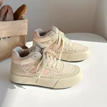 Retro Lamb Fleece Thick Sole High Top Canvas Shoes with Mesh Breathable Comfortable and Velvet Warm Casual Board Shoes 35