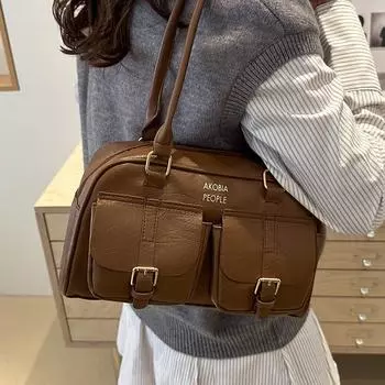 Ретро-сумка через плечо большой емкости для женщин 2024 года, осень, новая высококачественная портативная сумка с косым ремнем, модная сумка Boston чёрный