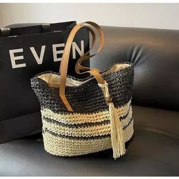 Retro large-capacity splicing woven underarm tote bag women s bag new spring fringed bag shoulder bag чёрный