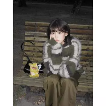 Retro Lazy Style Green Stripes Mohair Sweater Female Loose Thick Mid-Length Mink Sweater Fall and Winter Stripes Sweater L