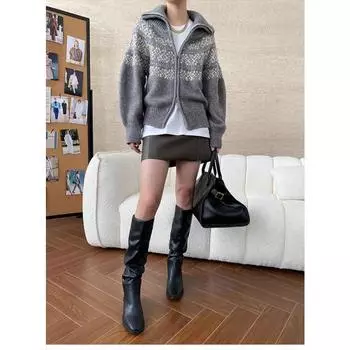Retro lazy style lapel elegant jacquard ladies cardigan, loose fashion ladies zipper sweater jacket 7054# One size