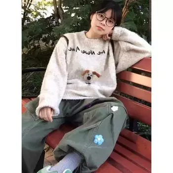Retro Lazy Wear Three-Dimensional Puppy Long Sleeves Knitting Sweater 2025 Fall and Winter New Design Sense Loose Tops Female Apricot L(Suggested 52.50 kg-57.50 kg)
