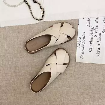 Retro leather bag head slippers women s summer outer wear new versatile woven sandals flat bottom with skirt half drag 35