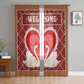 Ретро Лебедь Любовь Тюлевые Шторы На День Святого Валентина Гостиная Спальня Декор Шифоновая Прозрачная Вуаль Шторы Кухонные Оконные Шторы 1 PCS W100XH250cm