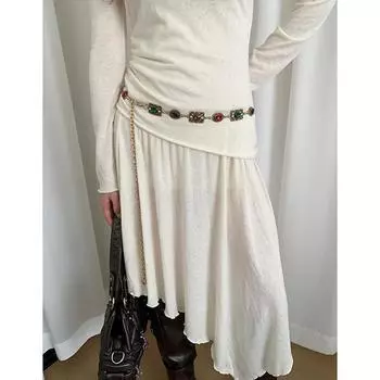 Ретро Легкая Роскошь Этнический Стиль Поясная Цепочка Женская Дизайн с Инкрустацией Стразами Чувство Золотой Пояс Придворный Стиль Цепочка для Юбки Аксессуары разноцветный