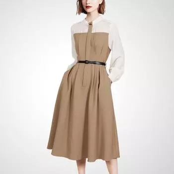 Retro Leisure Professional Stylish Long Sleeves Dress Color matching S