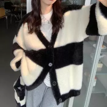 Ретро Ленивый Ветер Полосатый Свитер Куртка Женская Осенняя Искусственная Норка Вязаный Кардиган Женский Удобный Универсальный и Модный One Size чёрный