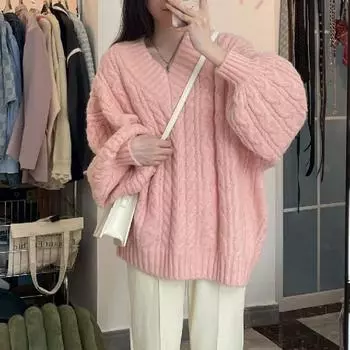 Ретро ленивый ветер розовый свободный иностранный большой вариант свитера с V-образным вырезом вязаный свитер осень и зима топы с длинными рукавами женские one size розовый