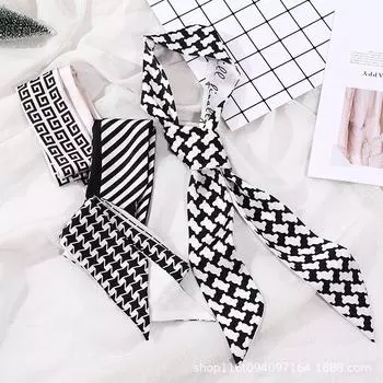 Ретро-лента, черно-белая клетчатая завязанная сумка, декоративный узкий шелковый шарф, длинный шарф, повязка на голову с бантом