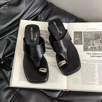 Retro leopard print metal buckle cover toe slope heel slippers fashion summer temperament beach non-slip toe drag Roman shoes women 35