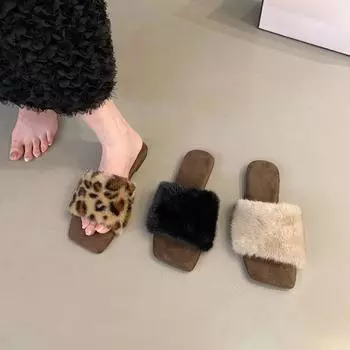 Ретро леопардовый принт квадратная голова пушистые тапочки женская верхняя одежда осень 2024 новый темперамент пушистый ленивый одно слово хлопок перетаскивание 35 чёрный