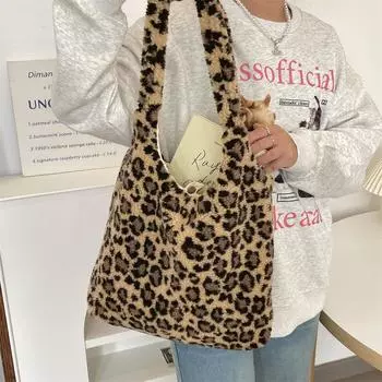 Ретро леопардовый принт осенне-зимняя плюшевая жилетная сумка сумка через плечо сумка для поездок на работу холщовая сумка для студентов