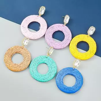 Ретро летние геометрические круглые серьги из рафии для женщин синий