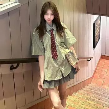 Ретро летняя старинная зеленая полосатая рубашка женская с короткими рукавами японский свободный повседневный костюм в стиле колледжа с короткой юбкой XXL зелёный